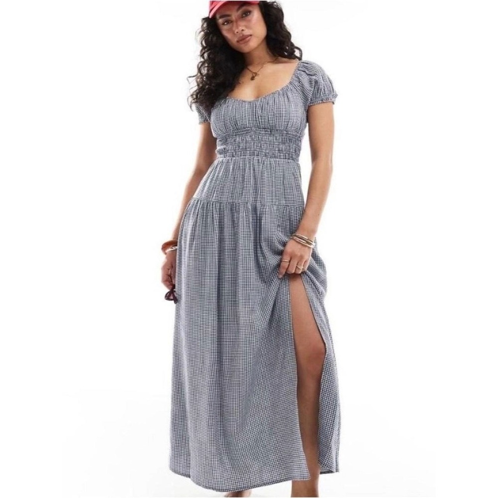 Hollister Gingham smocked waist maxi dress women S open back milkmaid Peasant